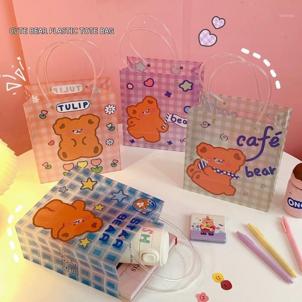 Borse portaoggetti WG confezione da 10 PVC Kawaii Bear Bag Girl Portable Shopping Packaging Gift Cartoon Handbag Organizer Women 2022