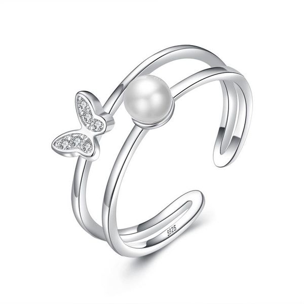 

sterling silver open double pearl butterfly rings wedding bridal for women party lover jewelry gifts cluster, Golden;silver