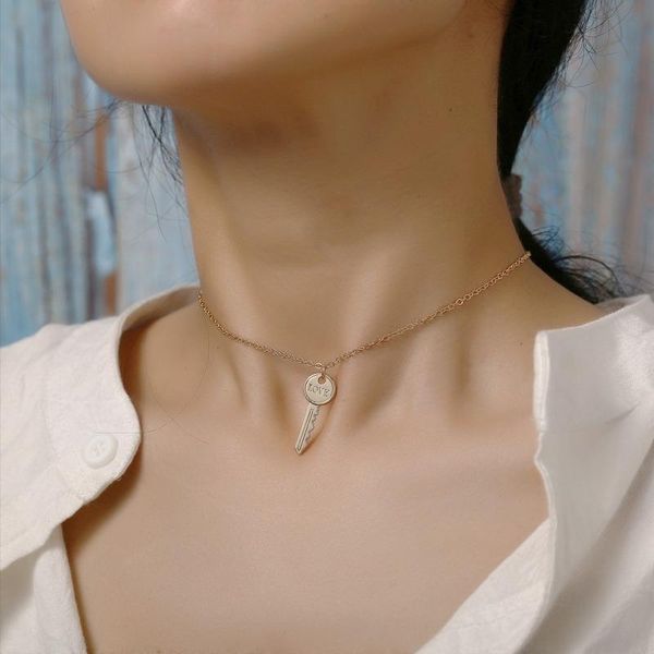 

pendant necklaces trendy key couple necklace for women friendship ladies girl choker jewelry collar de mujer 2021, Silver