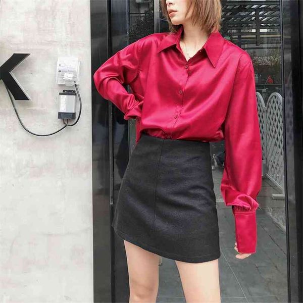 

spring and autumn women's shirt casual solid color lapel long sleeve 210430, White