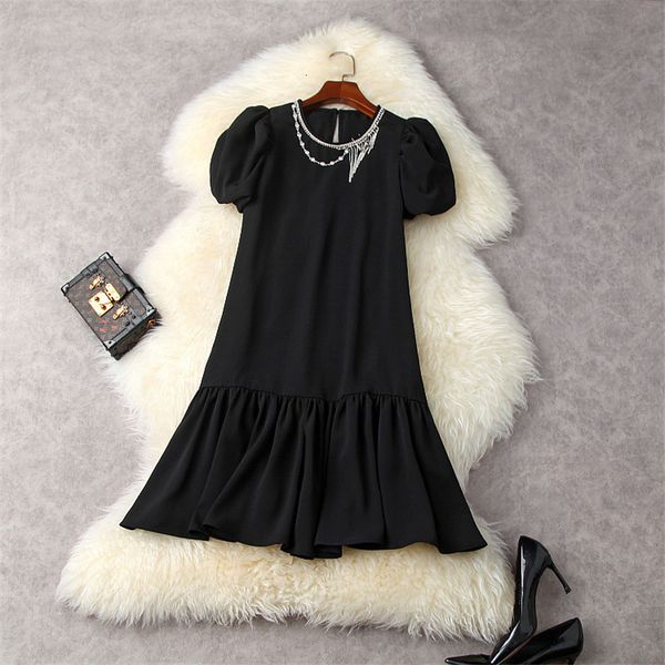 

two piece dress elegant puff short sleeve diamonds the neck will see loosely dressed women's designers at knee time simple black femme, White