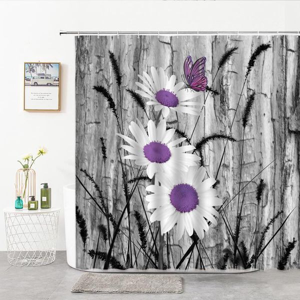 

shower curtains gray wood grain flower set hook 3d black and white plant bathroom curtain fabric home bath decor hanging cloth