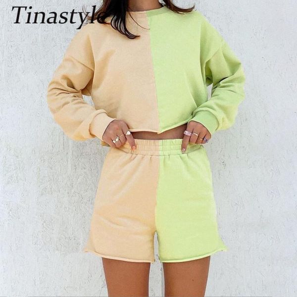 

women's tracksuits tinastyle women patchwork tracksuit shorts set autumn long sleeve shirt and mini loose two piece outfits, Gray