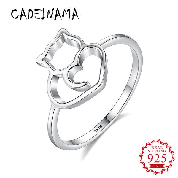 

cluster rings cadeinama fashion cute cat women genuine solid 925 sterling silver ring girl love heart wedding gift wholesale fine jewelry, Golden;silver