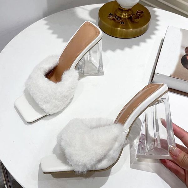 

slippers cozy black white fur slide pumps for women square toe transparent strange heels summer party shoes sandals