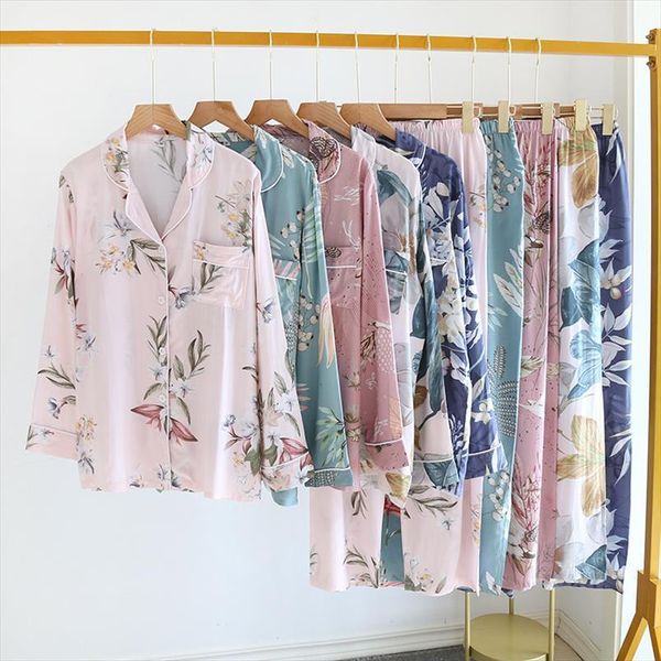 

soft pajamas trouser suits womens sleepwears cotton satin pajama sets fashion printed sleepwear female home suit summer loose homewear, Black;red