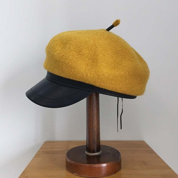 

stingy brim hats winter for women octagonal sailor hat pu leather patchwork wool japan female cute retro knitting casual cap, Blue;gray