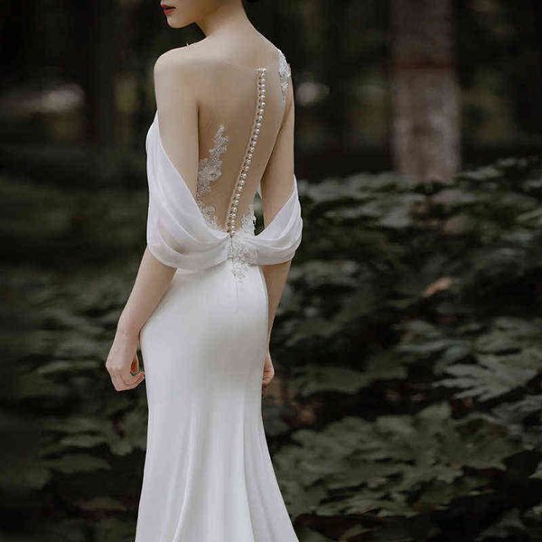 

luxury street style dresses satin fishtail wedding 2021 bride simple waist closing slim french one shoulder welcome gauze for women, Black;pink