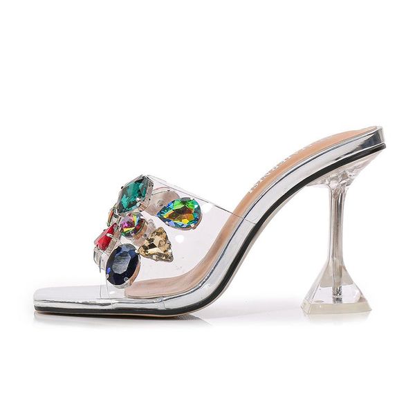 

slippers pvc transparent summer mules shoes women 2021 luxury crystal sandals fashion heel slides woman big size, Black