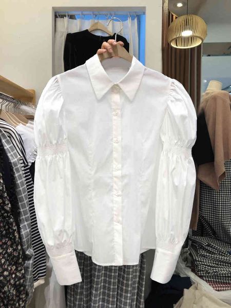 

spring new turn down collar puff sleeve solid office lady shirt women 210421, White