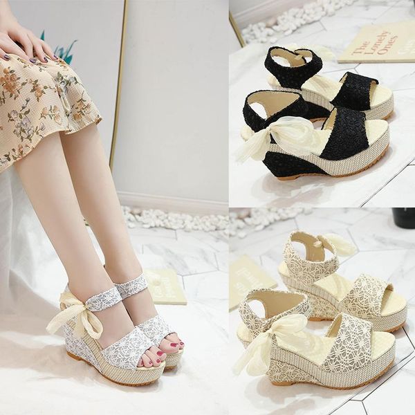 

dress shoes 2021 summer version of the korean frosted slope with fish mouth high heel lace bow peep toe sandals, Black