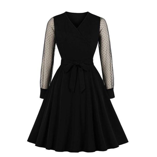 

casual dresses autumn women long sleeves dress winter v neck see through mesh black vintage, Black;gray