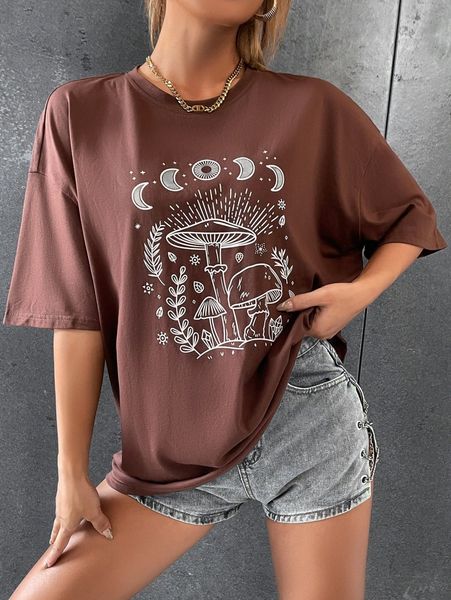 

mushroom & moon print drop shoulder tee o1hr#, White