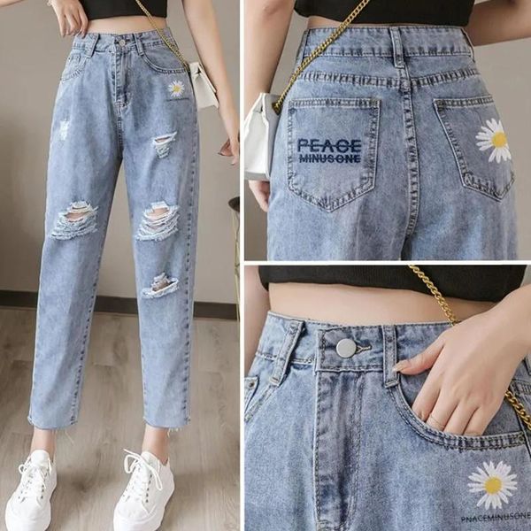 

women's jeans embroidered daisy ripped women loose cropped trousers 2021 summer thin high waist straight leg pants bf tide, Blue