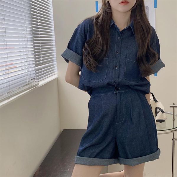 

women's tracksuits 2021 loose blue denim two piece set outfits women summer single breasted jacket with high waist jeans shorts, Gray