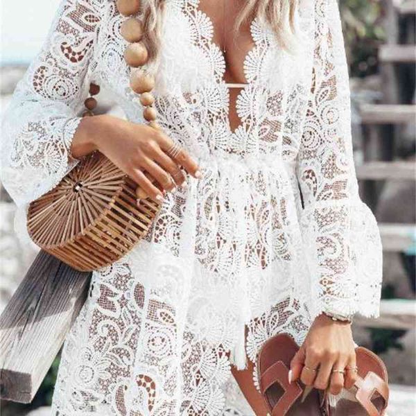 

For Women Sexy Female Panelled Asymmetrical Clothing Summer Casual Long Sleeve Piping Apparel Lace V-Neck Dresses, White