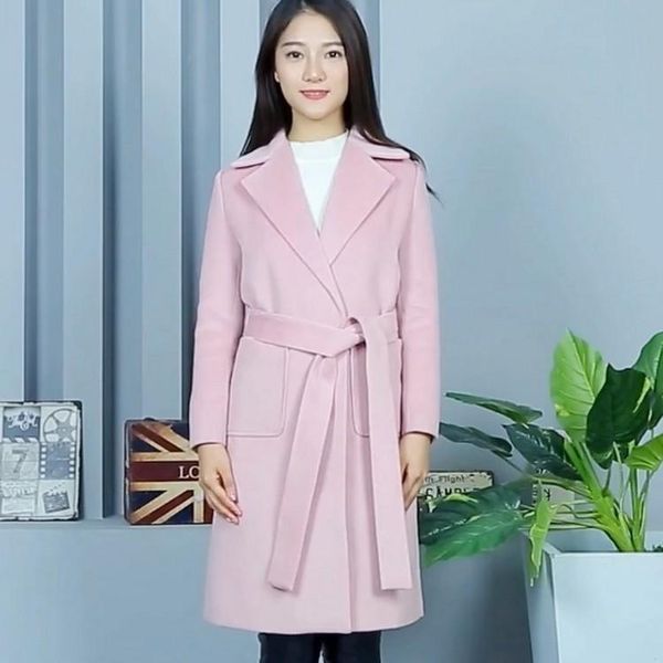 

women's wool & blends fashion slim women long woolen coat casual solid jacket with sashes autumn winter cashmere and, Black