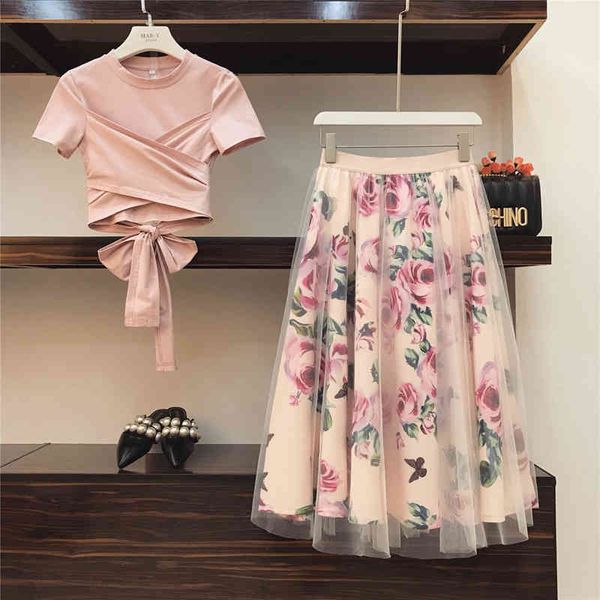 Verão elegante rosa 2 peças conjunto mulheres doce bowknot colheita irregular top t-shirt de algodão + malha floral tulle longas saias saias 210416