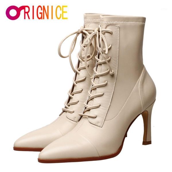 

boots orignice simple women black beige lace up ankle thin high heel genuine leather pointed toe slip on party dress shoes1