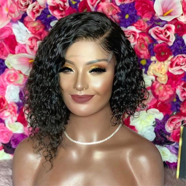 

curly bob lace front wigs 100% human hair swiss wig short black wigs1, Black;brown