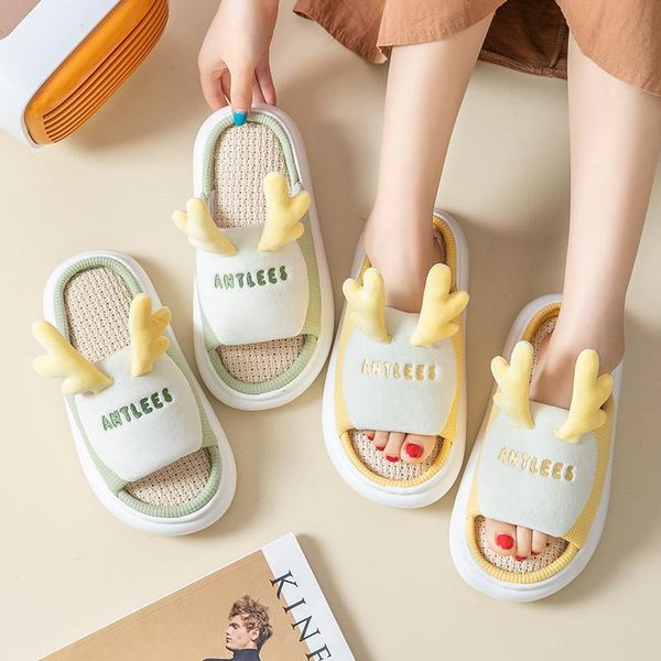 

house cartoon linenwomen slippers cute deer antlers bedroom lovers platform shoes breathable anti-slip indoor ladies slides, Black