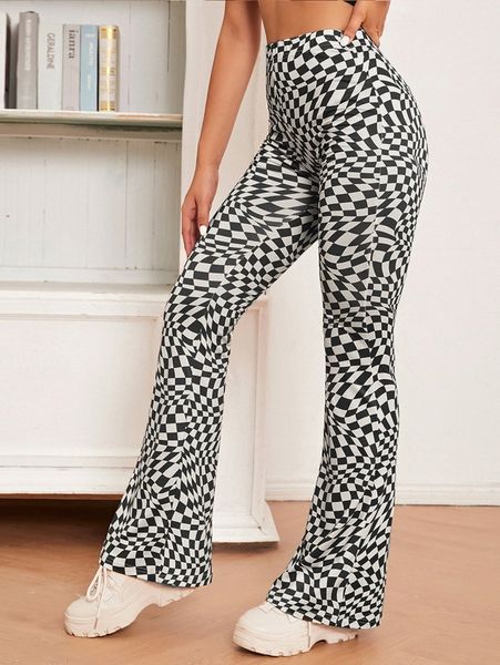 

checked print flare leg pants f0ot#, Black;white