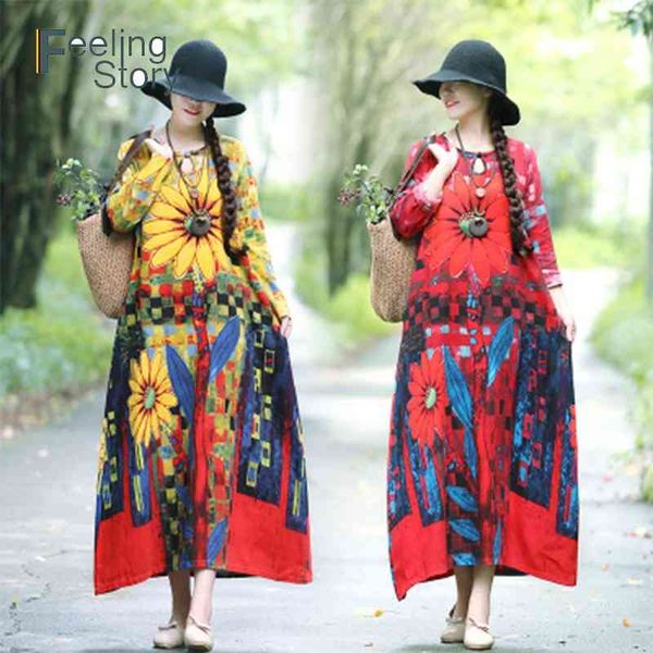 

ethnic boho dress women vintage cotton linen contrast print long sleeves robe female spring maxi oversized 210603, Black;gray