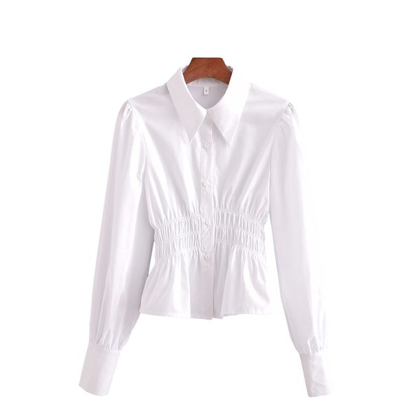 

elegant women turn down collar shirts fashion ladies solid white streetwear female chic elastic waist blouses 210430