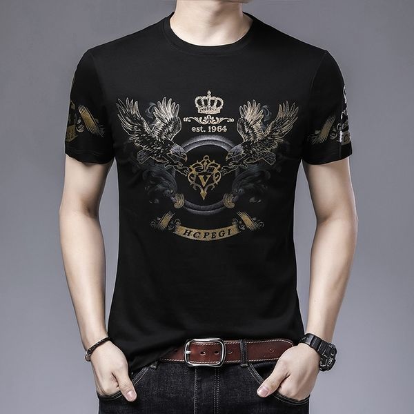 

2021 summer short round neck t-shirt youth trend printed t-shirt men's casual drill half sleeve shirt, White;black
