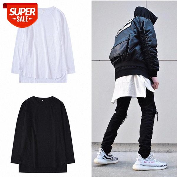 

kanye bieber street hip hop loose layer front short back long arc bottoming shirt long-sleeved men and women #nv6k, White;black
