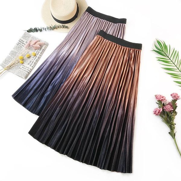 

skirts ailegogo spring women medium long gold velvet skirt elegant slim gradation color high waist pleated midi female, Black