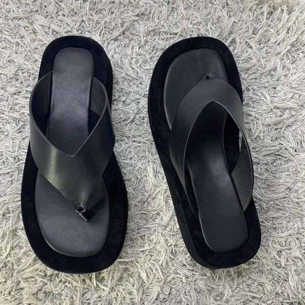 

slippers genuine leather women summer non-slip platform shoes woman wedges low heel outdoor beach sandals, Black
