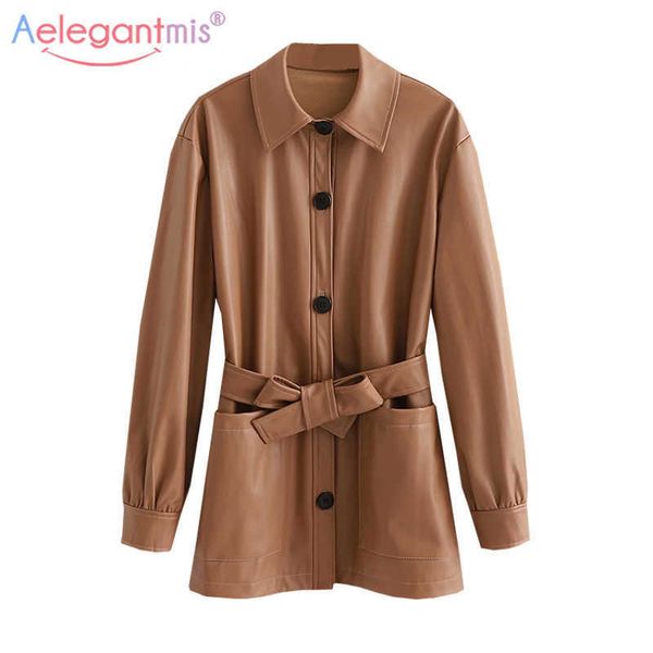 

aelegantmis faux leather jacket women with belt korea loose vintage motorcycle long pu female elegant casual outwear chic 210607, Black