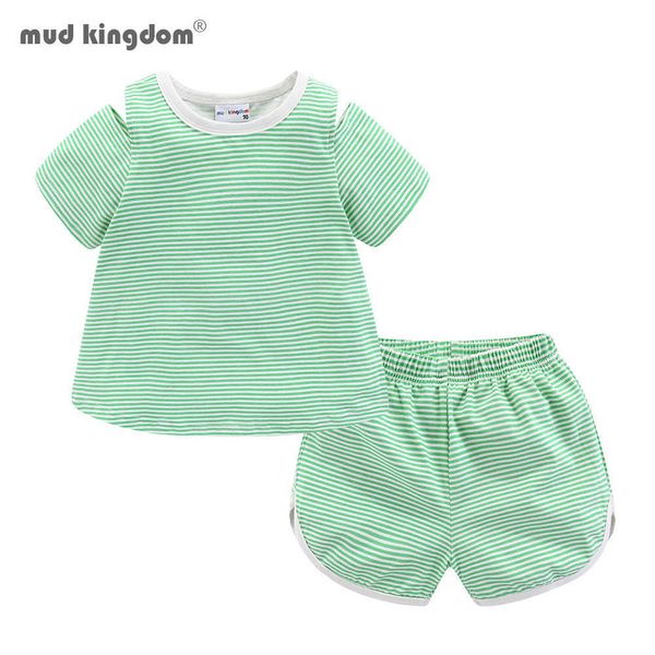 

mudkingdom toddler girl clothes outfits stripe off shoulder cotton set summer children clothing t-shirt + shorts 210615, White