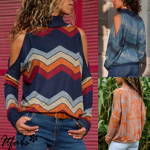 

women's blouses & shirts 2021 est women cold shoulder high neck long sleeves shirt blouse ladies autumn sleeve printed casual, White