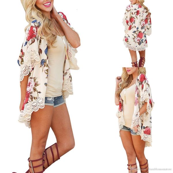 

women's blouses & shirts women elegant floral print long cardigan kimono blouses shirts fashion chiffon boho lace summer beach, White