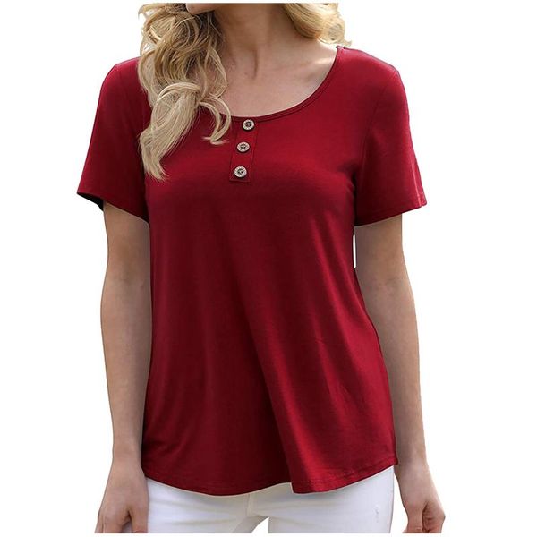 

women's t-shirt summer women fashion loose fit v-neck solid color casual round neck button short sleeves camisetas de mujer, White