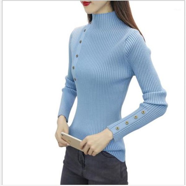 

women's sweaters pull femme hiver 2021autumn winter women sweater pullovers button knitted jumper female slim knitwear half-turtleneck, White;black