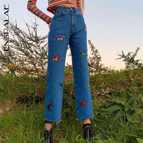 

casual jeans woman long trousers cowboy female loose streetwear butterfly embroidered straight pants za4377 210427, Blue