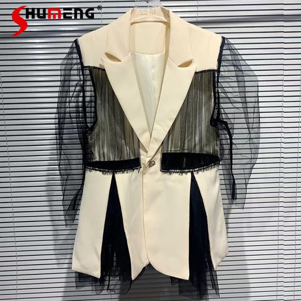 

women's suits & blazers 2021 summer ladies french mesh patchwork puff sleeve custom suit women fashion streetwear sun protection high-g, White;black