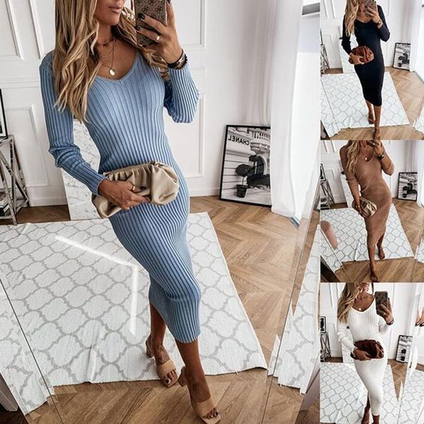 

casual dresses autumn bodycon maxi dress v neck long sleeve women winter slim fashion thin 2021, Black;gray