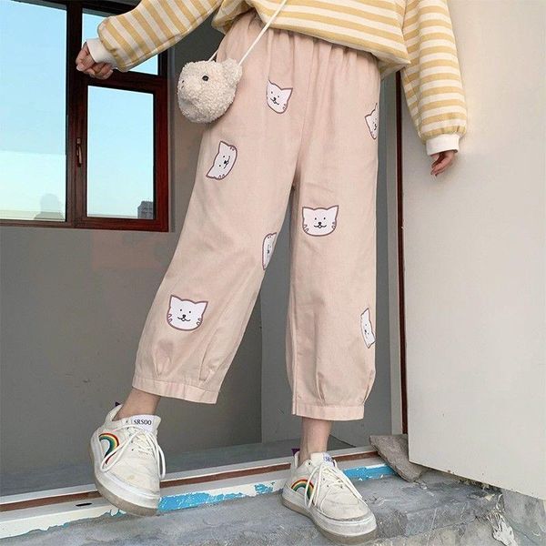 

women's pants & capris loose autumn style female cute cat print elastic waist casual japanese soft girl college, Black;white