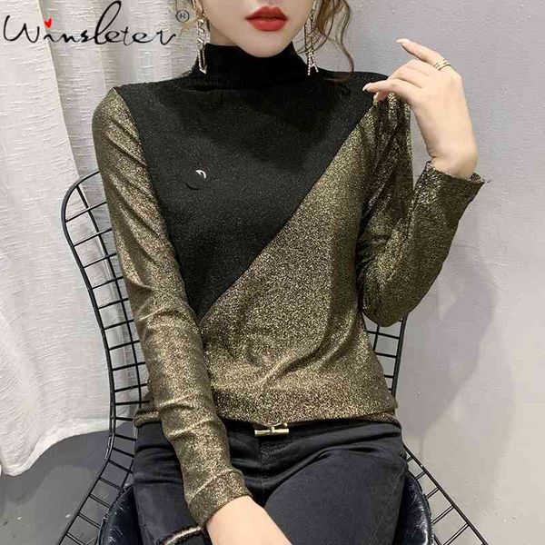 

women's t-shirt fall winter european clothes fashion color block women ropa mujer all match bright gold tees t00302a 48d, White