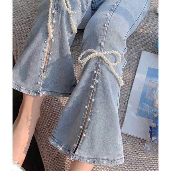

women's jeans high waist split denim pants women elegant chic beading bowknot boot cut girls vintage fairy sweet trousers, Blue