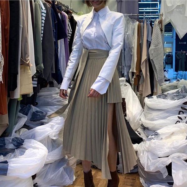 

two piece dress [ewq] spring simple long sleeve turn-down collar wrap chest design women shirt high waist pleated lace skirt 2-piece set qv2, White