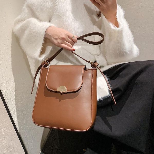

evening bags 2021 female shoulder bag brown fashion women handbag simple youth girl bucket solid color pu leather for daily