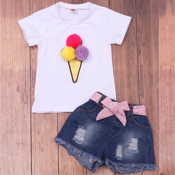 

summer girls toddler clothes set ice cream denim outfits 2pcs/set kids fashion + ripped jean shorts pants clothing sets, White
