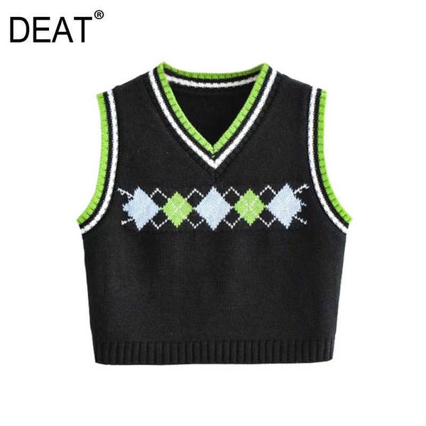 

[deat] spring autumn fashion sleeveless v-neck lattice casual loose fit knitting sweater vest women 13c196 210527, Black;white