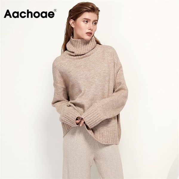 

aachoae autumn winter women knitted turtleneck wool sweaters casual basic pullover jumper batwing long sleeve loose 211218, White;black