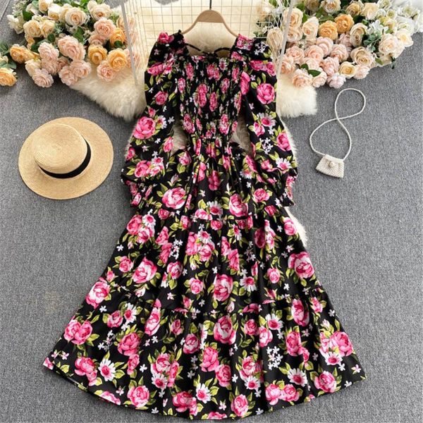

women's swimwear women black floral long dress spring summer beach holiday printed square collar sleeve dresses female french gown 2021, White;black